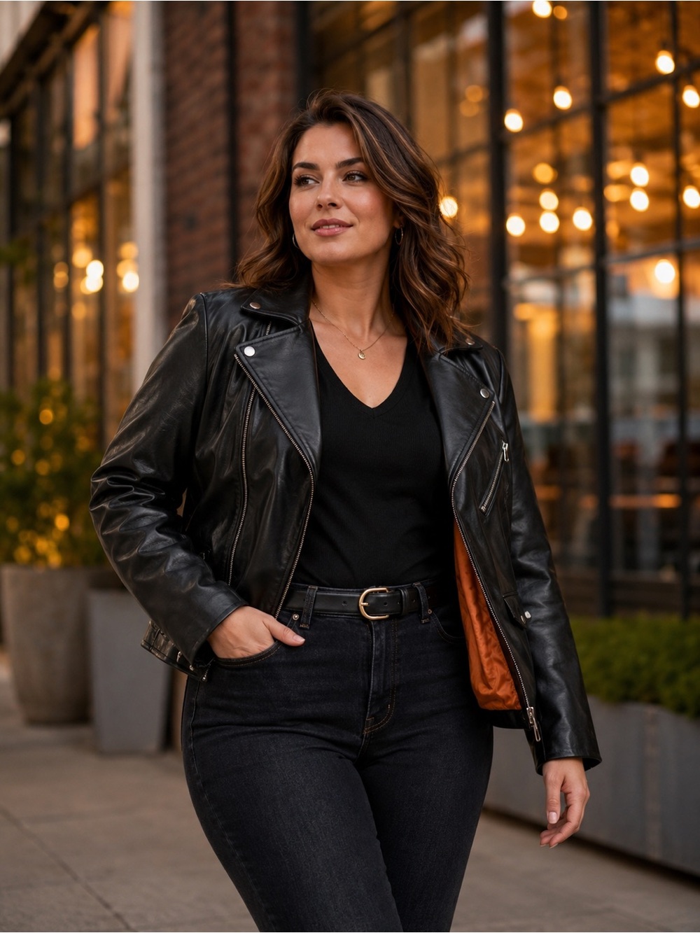 We The Free Black Leather Jacket with Rust Orange Lining